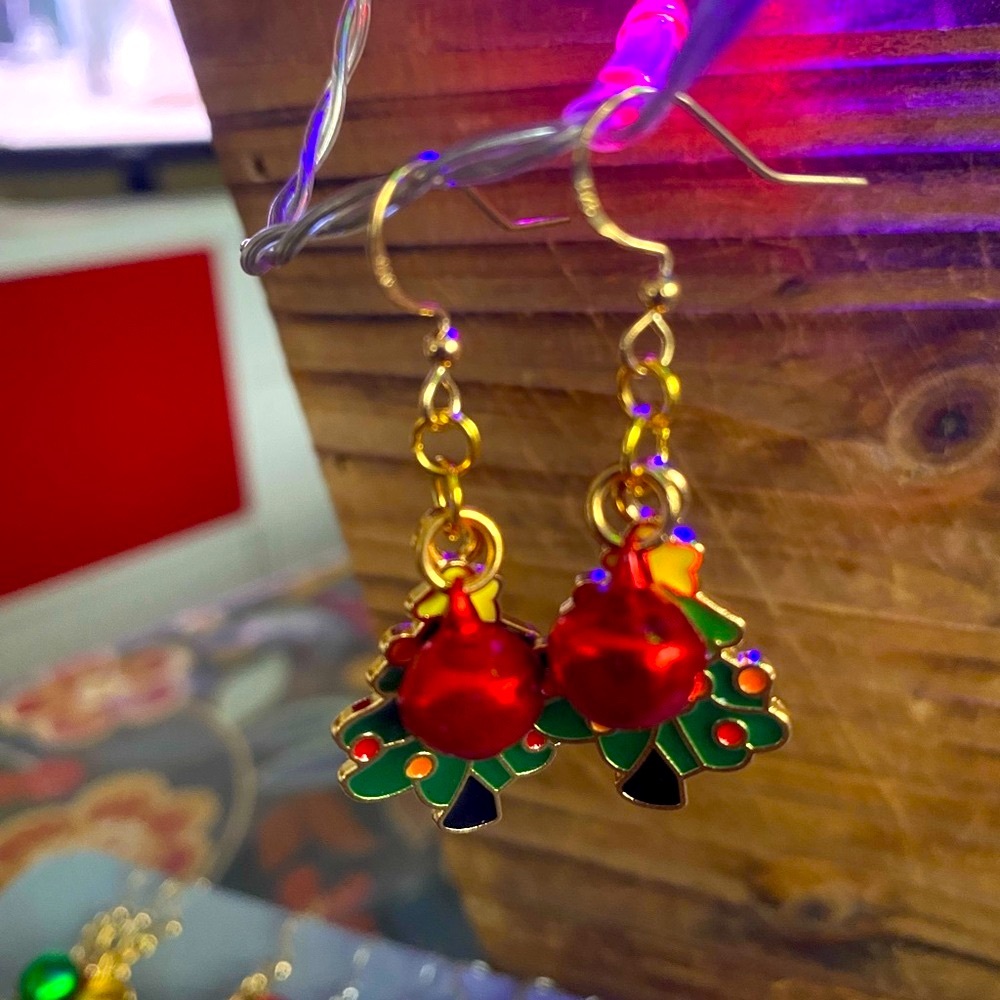 Festive Gold and Red Christmas Tree Earrings